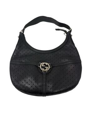 Gucci Reins Vintage Interlocking GG Perforated Leather Black Hobo Bag Purse